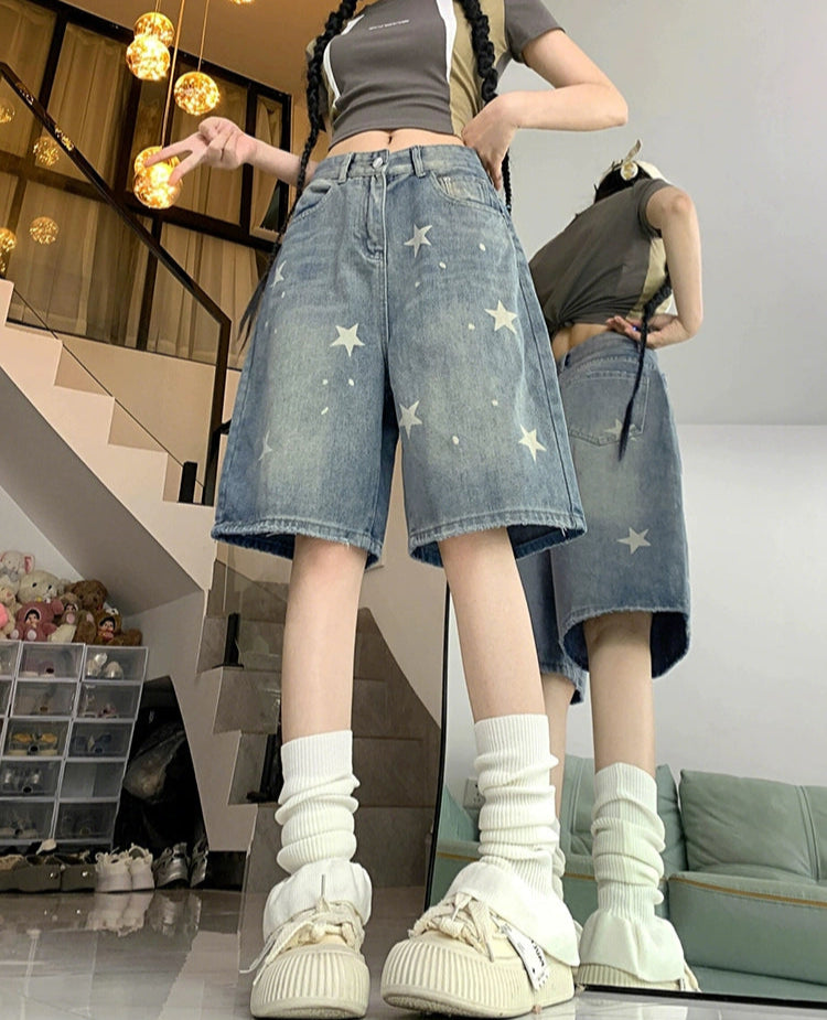 レトロスタープリントハーフデニムパンツ