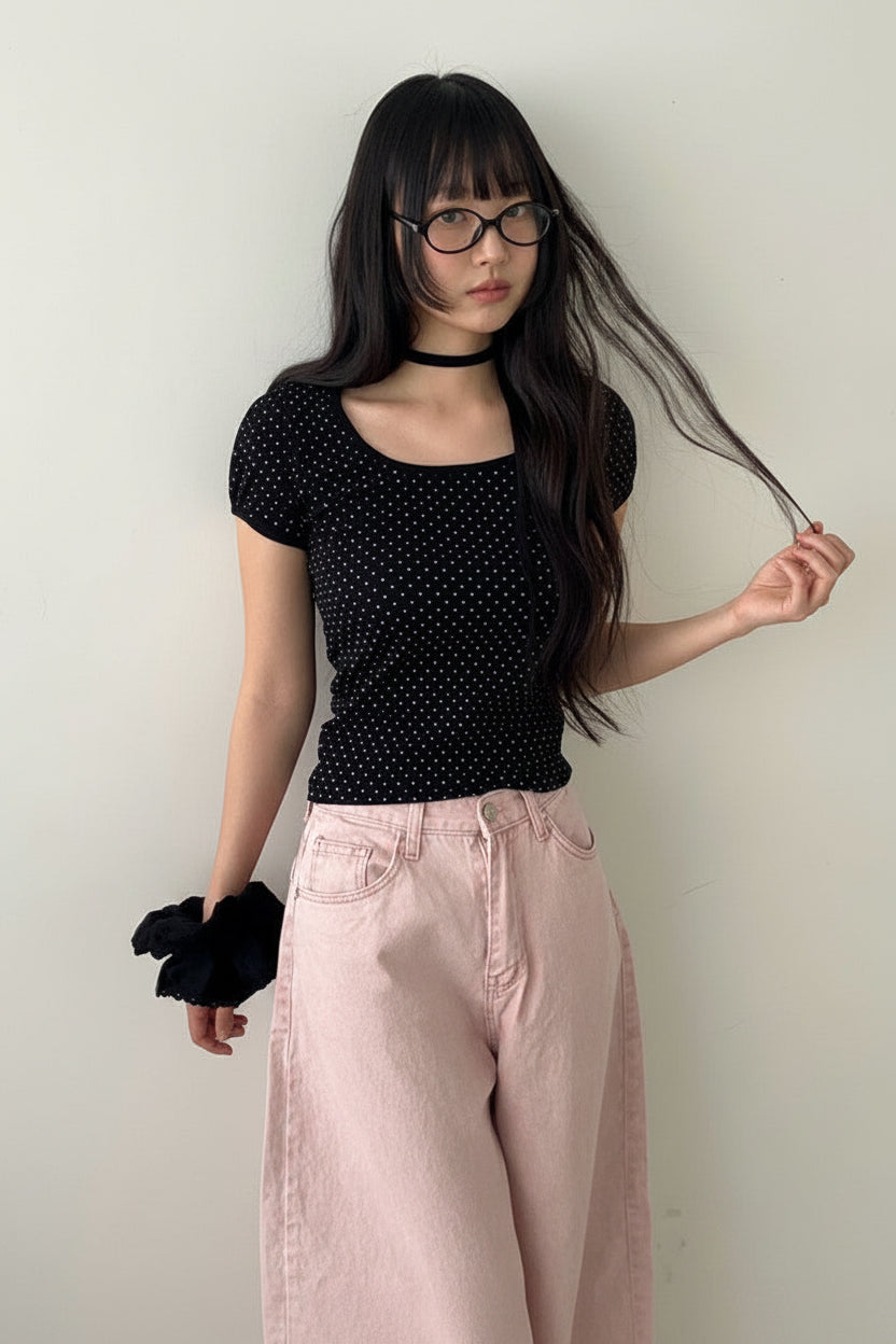 ドットクルーネックストラップTシャツ