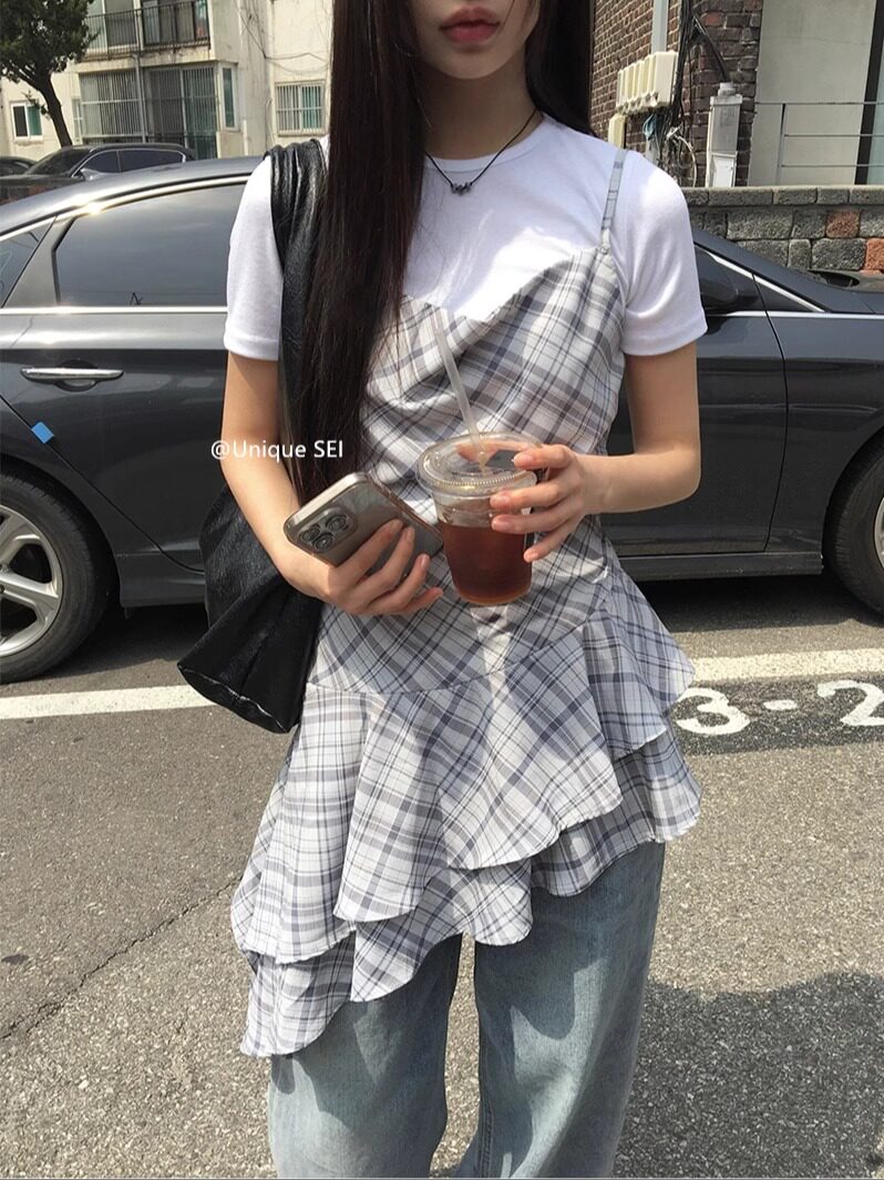 チェックフリルキャミソールドレス