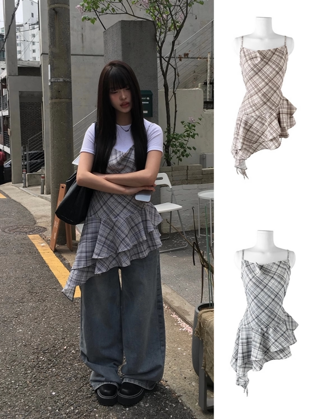 チェックフリルキャミソールドレス