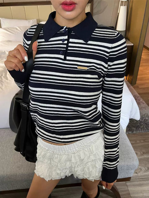 アメリカンレトロストライプポロニットセーター