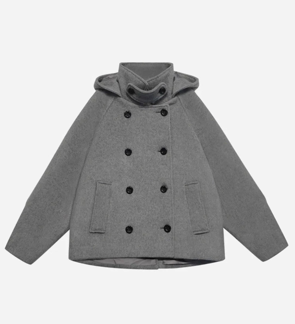 ダブルブレストフード付きウールコート