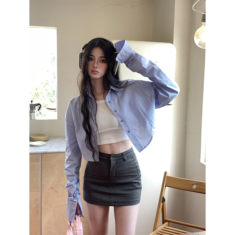 クロップドスリムブルーシャツ