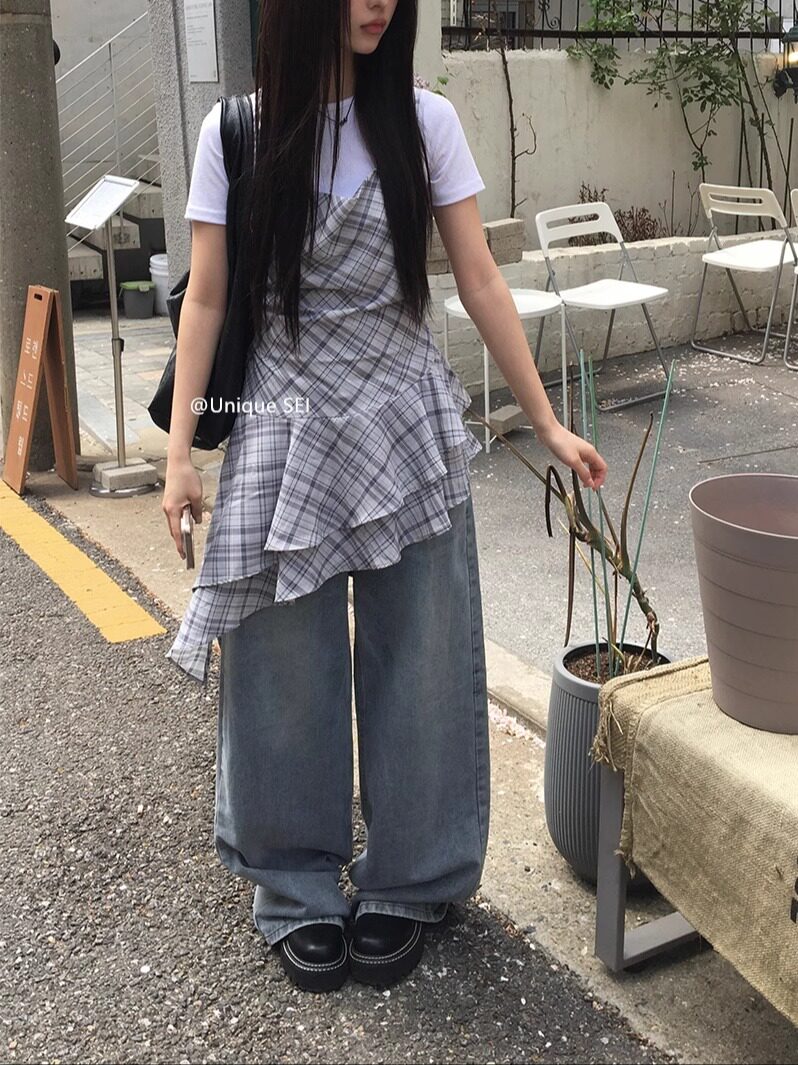 チェックフリルキャミソールドレス