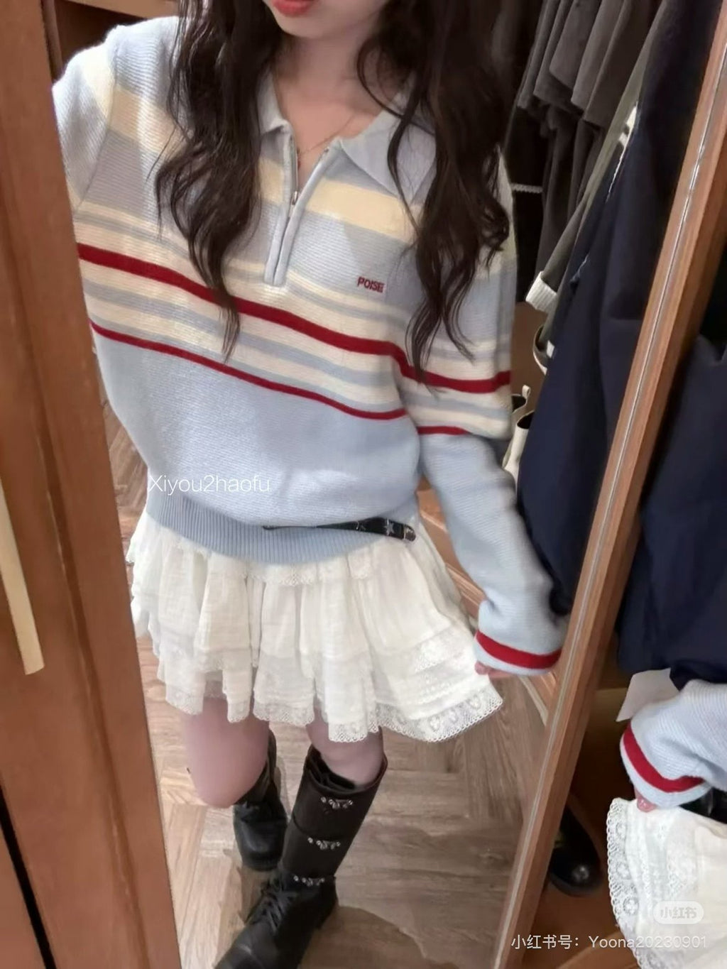 ストライプブルーポロニット