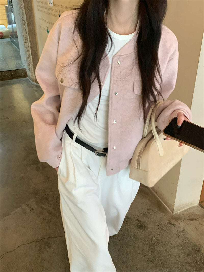 ピンククロップドウールジャケット