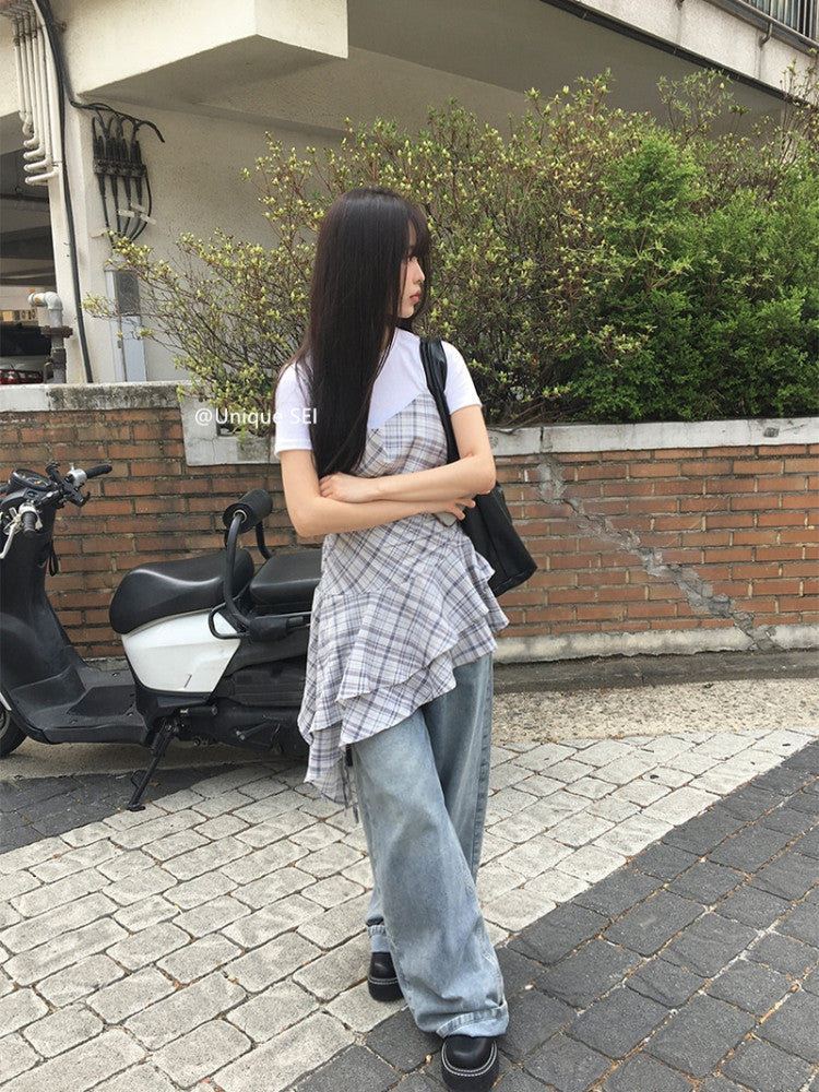 チェックフリルキャミソールドレス