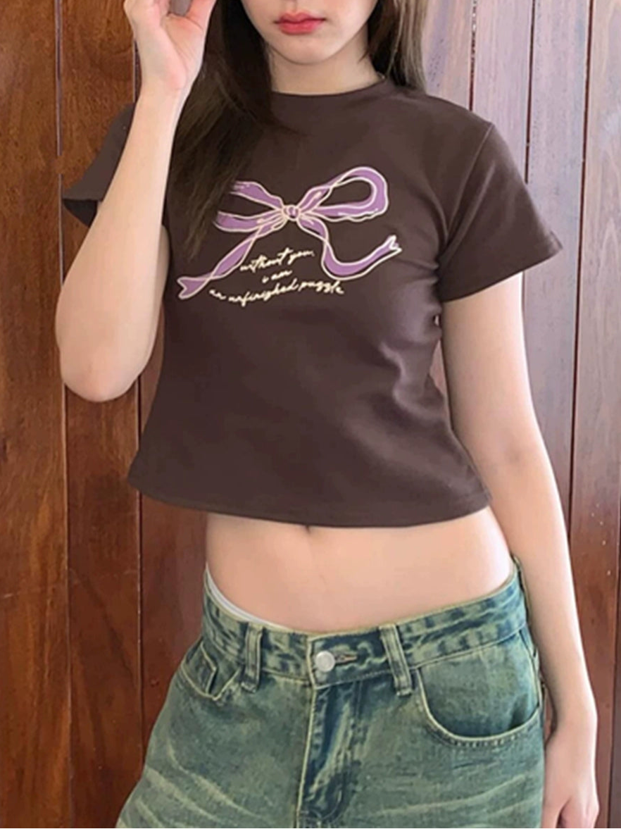 リボンイラストスリムTシャツ