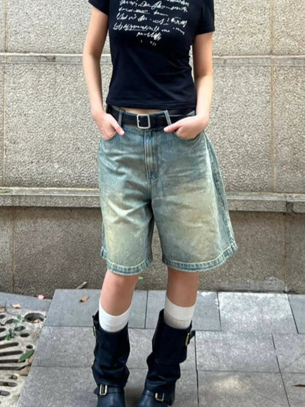 ハイウエストウォッシュルーズハーフパンツ