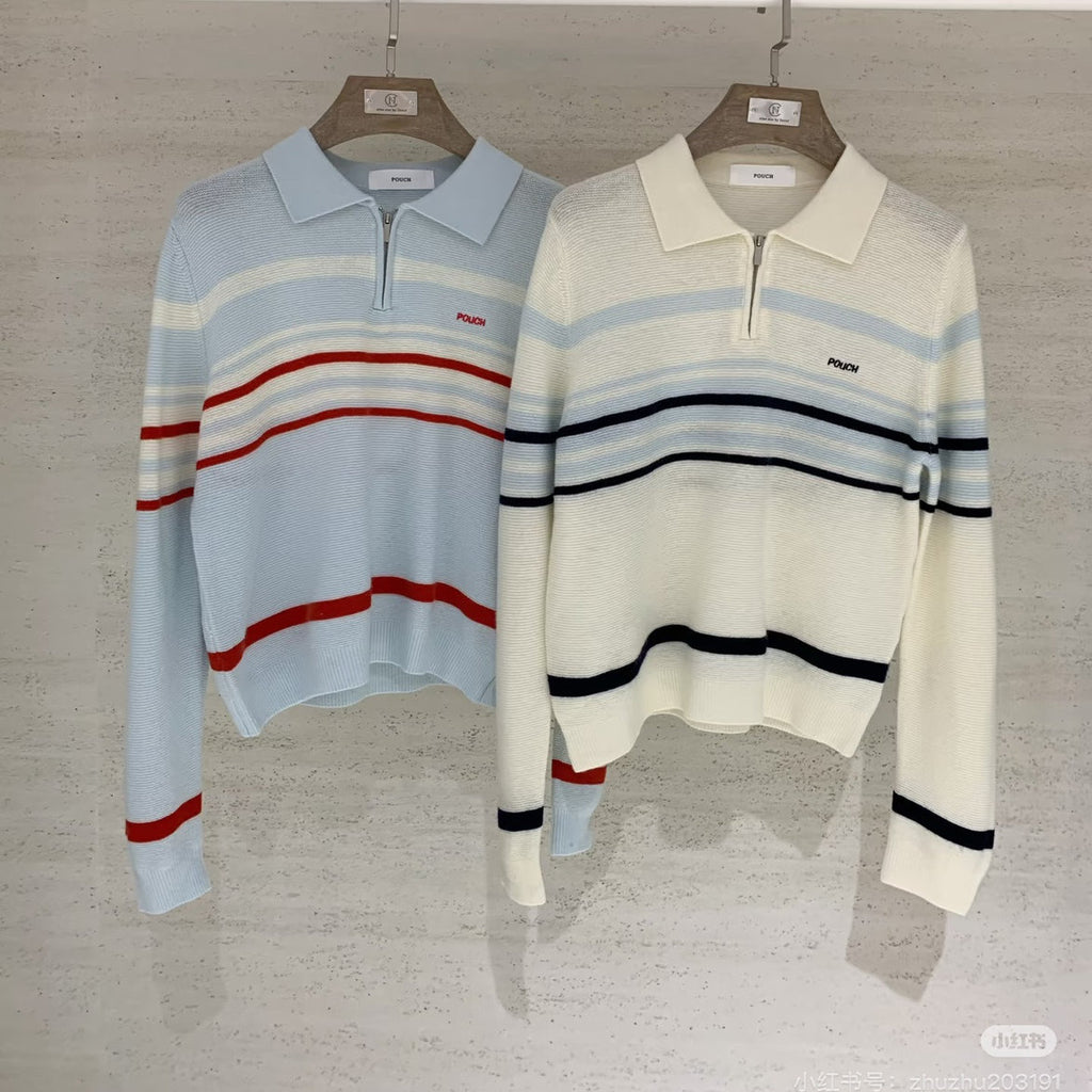 ストライプブルーポロニット