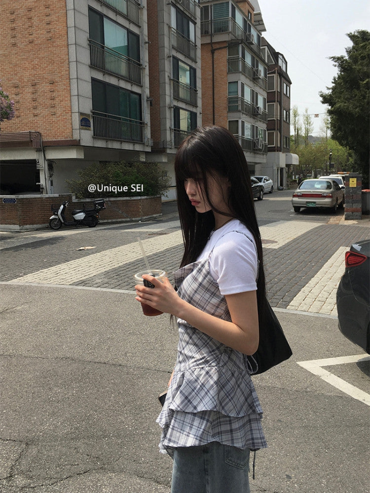 チェックフリルキャミソールドレス