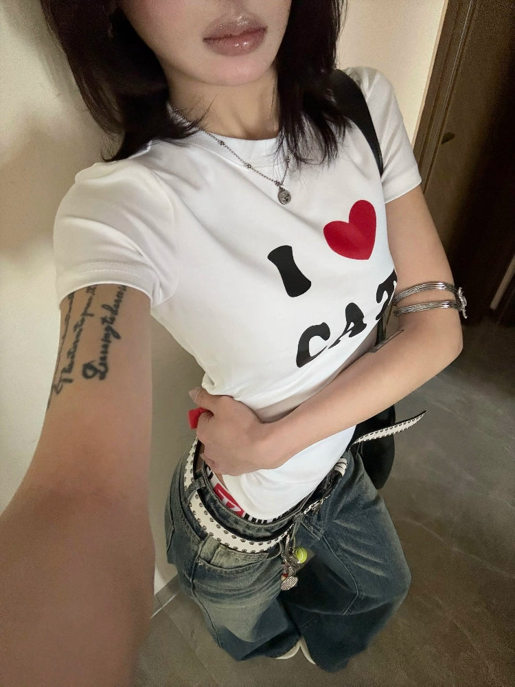 I LOVE CATプリントTシャツ