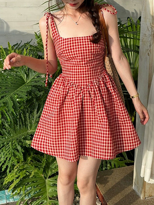 スクエアネックレトロチェックワンピース