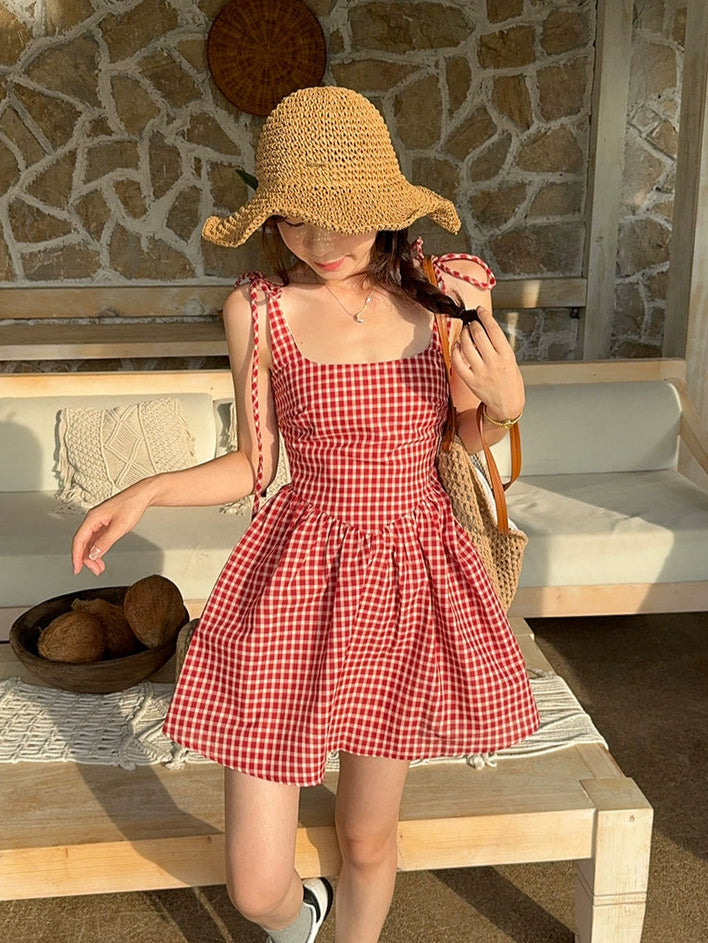 スクエアネックレトロチェックワンピース