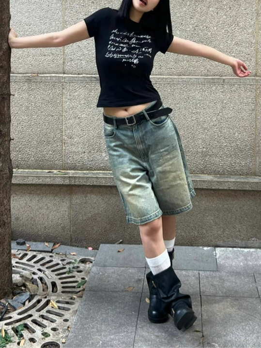 ハイウエストウォッシュルーズハーフパンツ