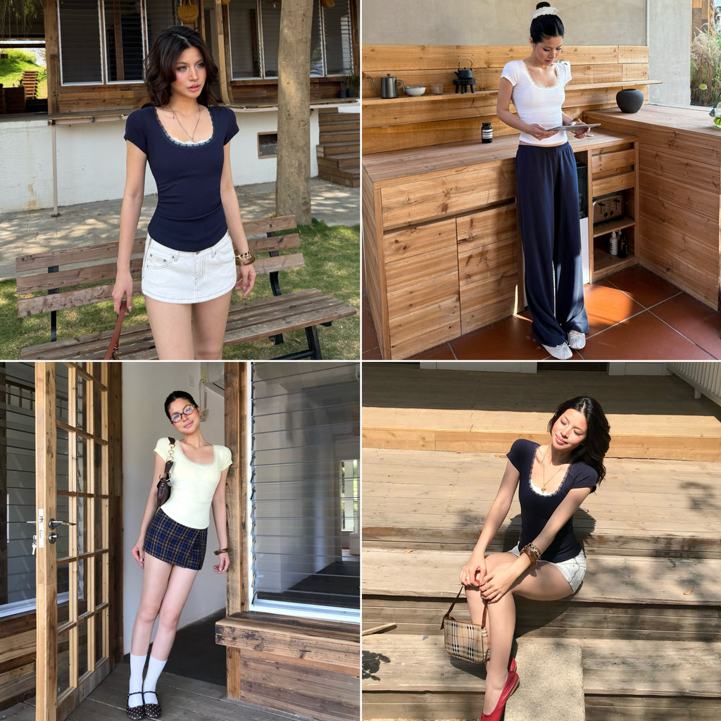 レーストリムリブTシャツ