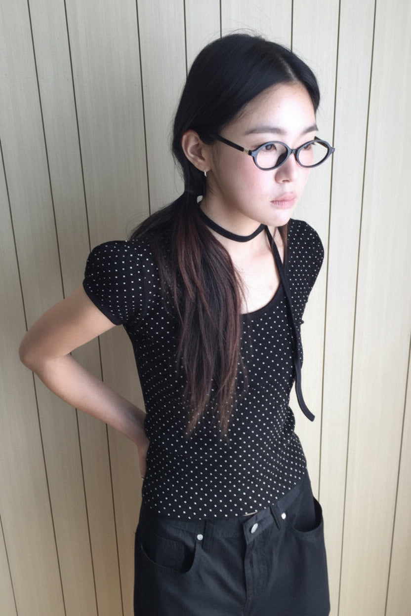 ドットクルーネックストラップTシャツ